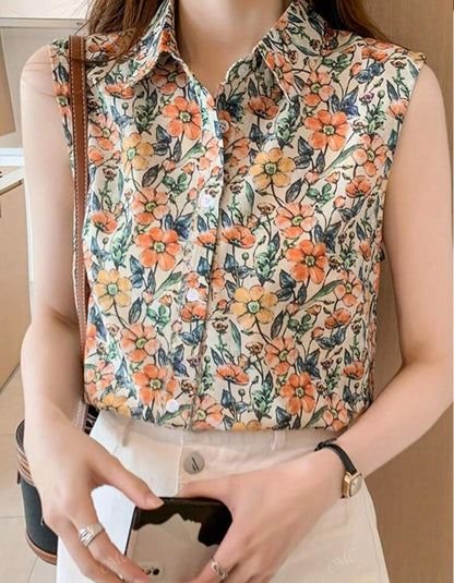 Camisa manga corta estampado floral beige, verde y anaranjado
