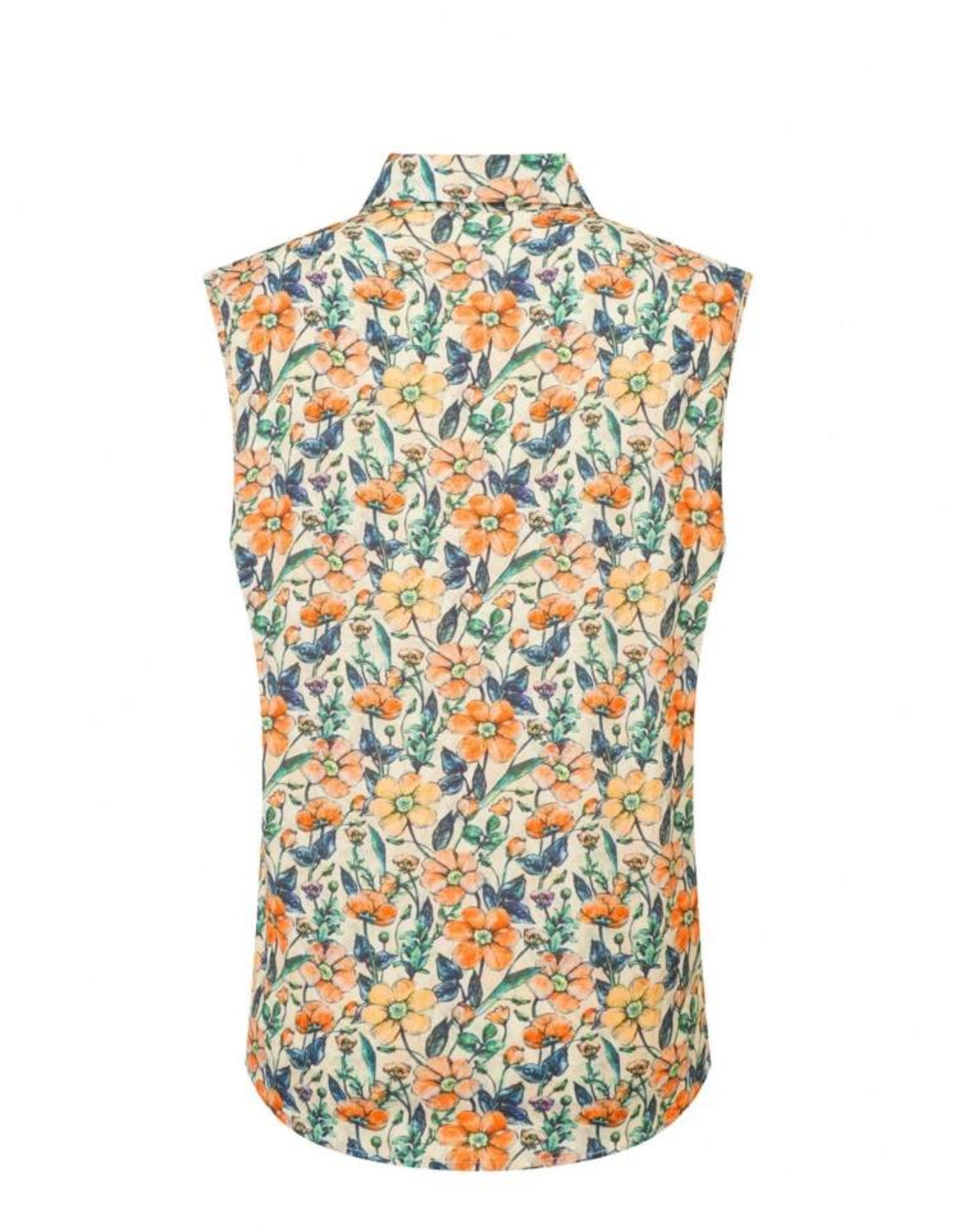 Camisa manga corta estampado floral beige, verde y anaranjado