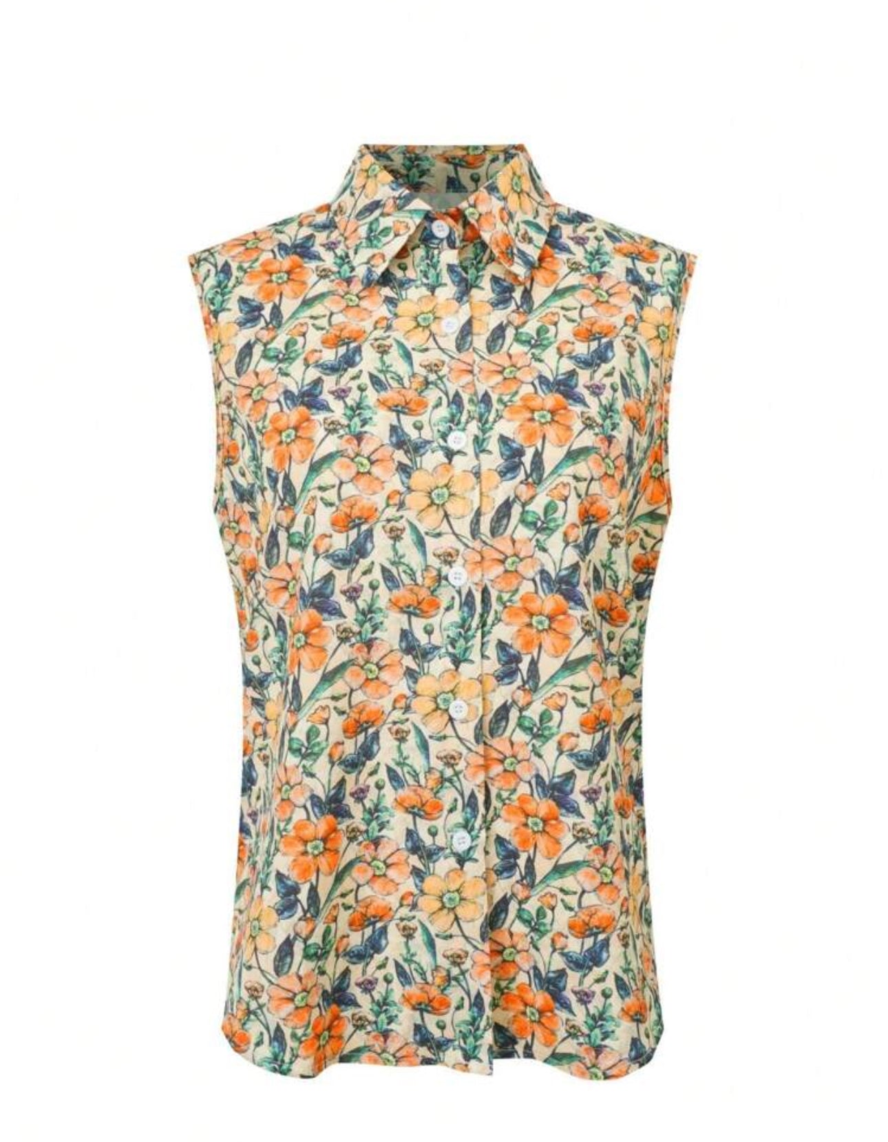 Camisa manga corta estampado floral beige, verde y anaranjado