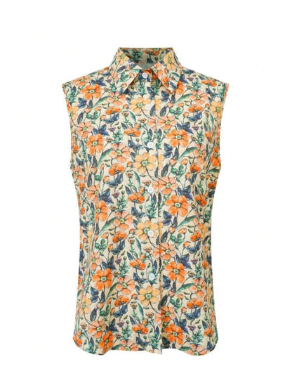 Camisa manga corta estampado floral beige, verde y anaranjado