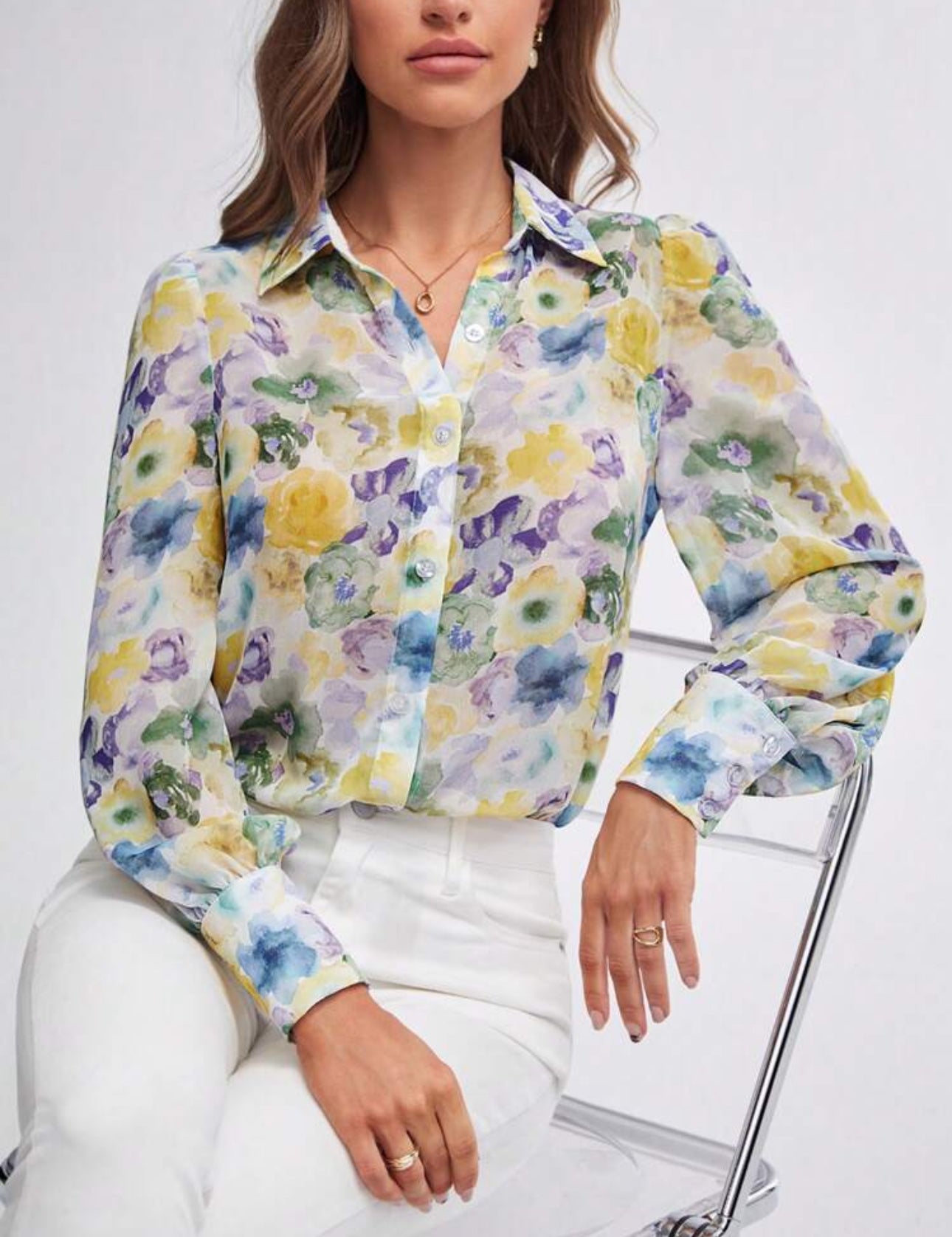 Camisa manga larga estampado amarillo, azul y morado