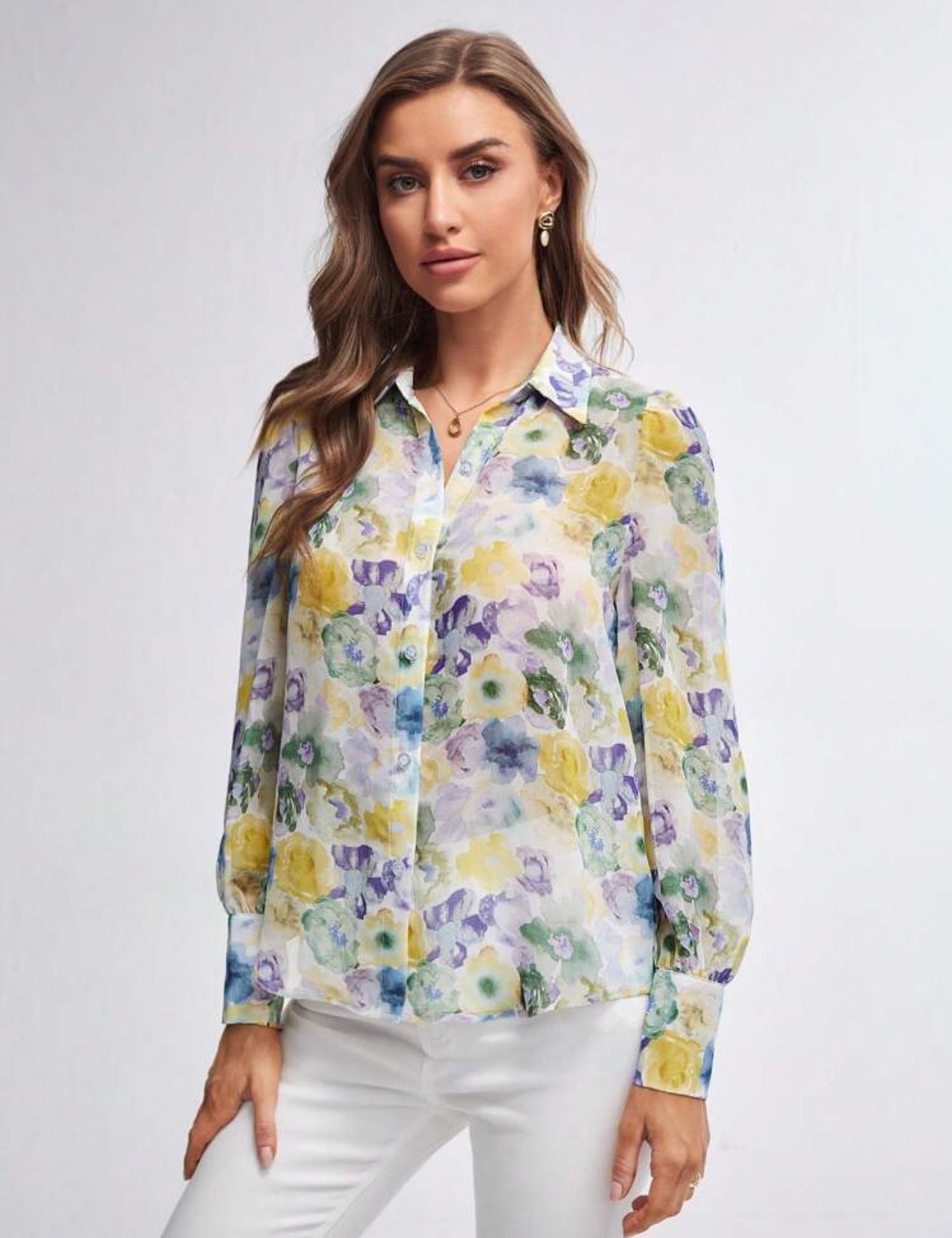 Camisa manga larga estampado amarillo, azul y morado