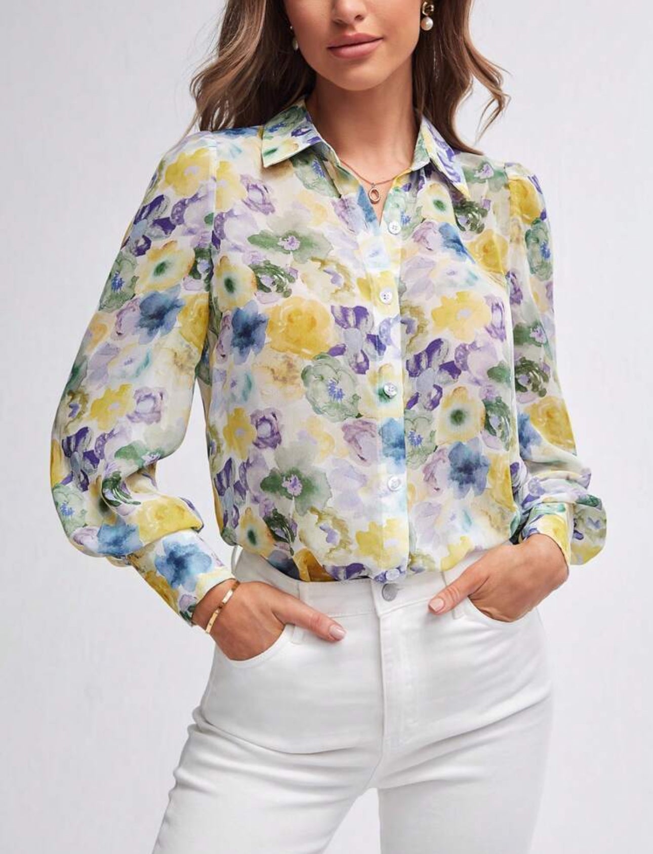 Camisa manga larga estampado amarillo, azul y morado
