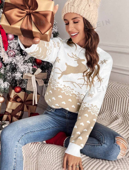 Suéter de navidad dorado reno dorado