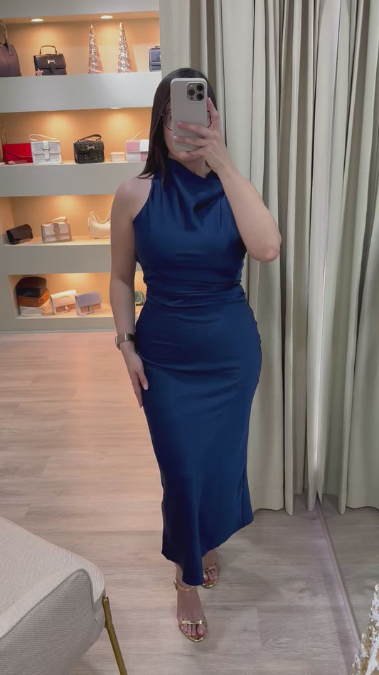 Vestido Azul Elegante Largo con Cuello Fruncido