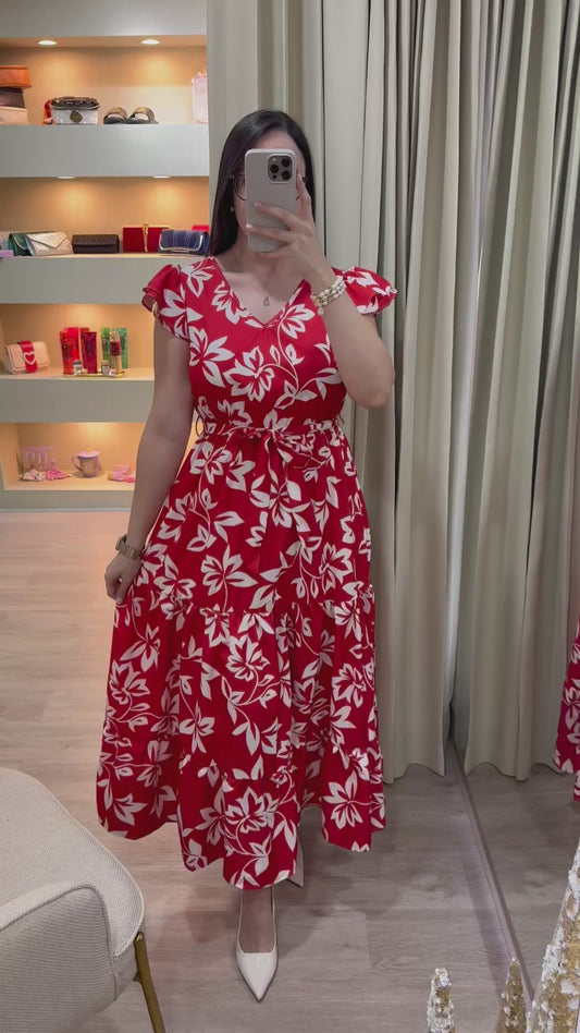 Vestido rojo estampado floral blanco
