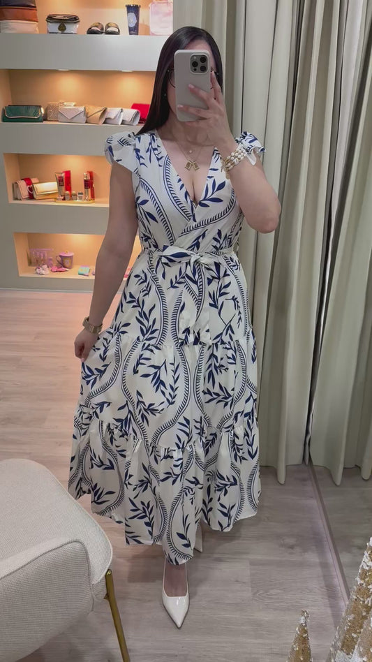 Vestido blanco largo estampado azul cuello V