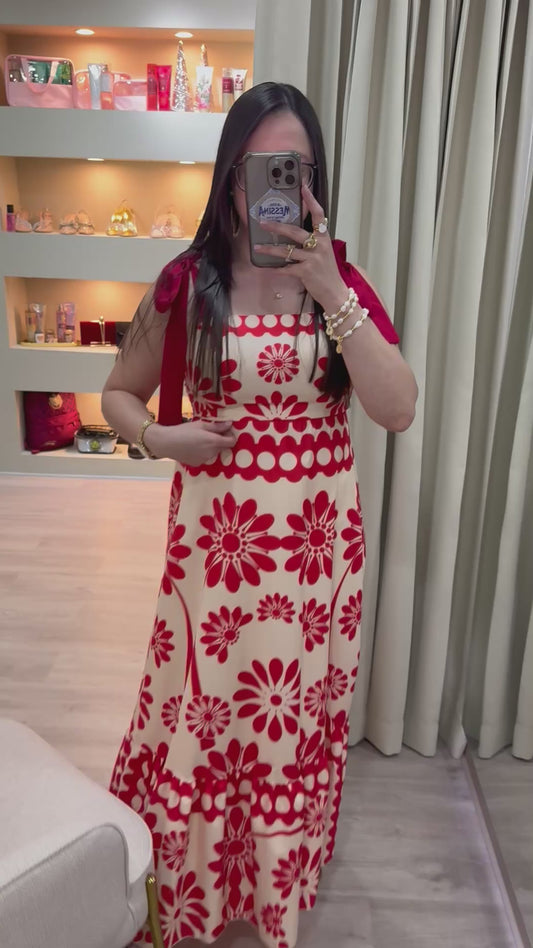 Vestido maxi beige y rojo