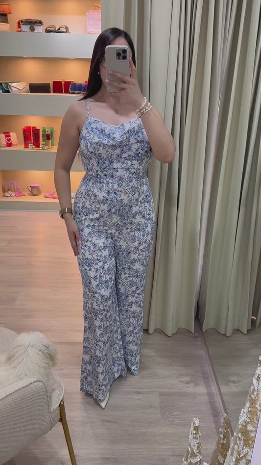 Jumpsuit estampado floral pierna ancha azul claro y blanco