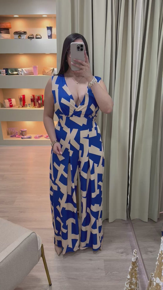 Jumpsuit beige y azul marino