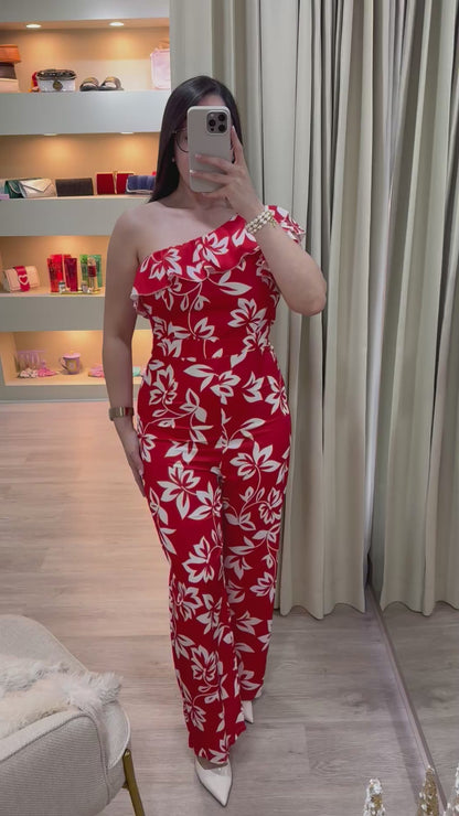 Jumpsuit rojo estampado floral beige