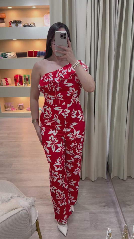 Jumpsuit rojo estampado floral beige