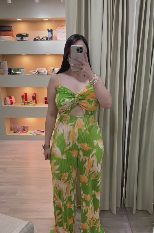 Jumpsuit plisado verde y anaranjado