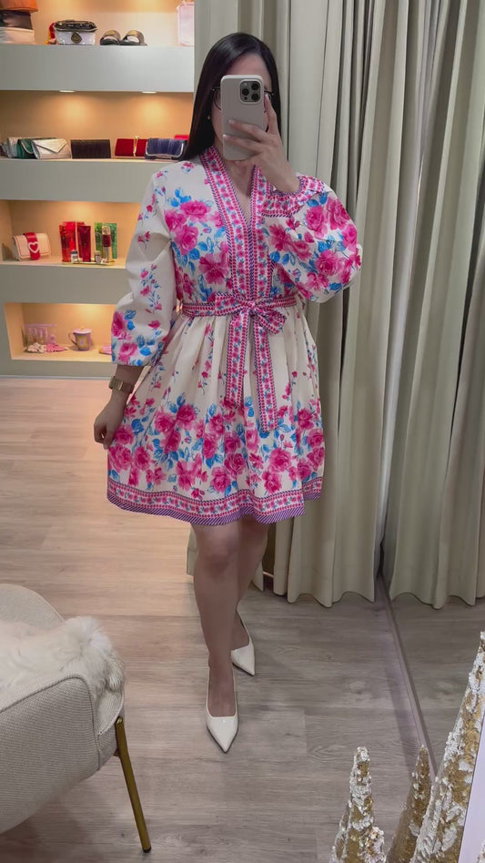 Vestido manga larga blanco estampado floral rosado y azul claro