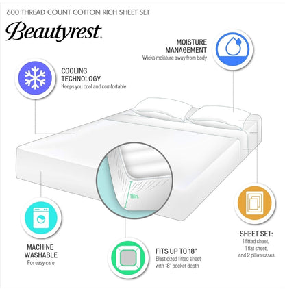 Beautyrest BR 600 TC Cooling Cotton Blend Solid Sheet 16 Inch Deep Pocket Hypoallergenic, All Season, Soft Bedding-Set, Matching Pillow Case, Blanco, 4 Piezas, King