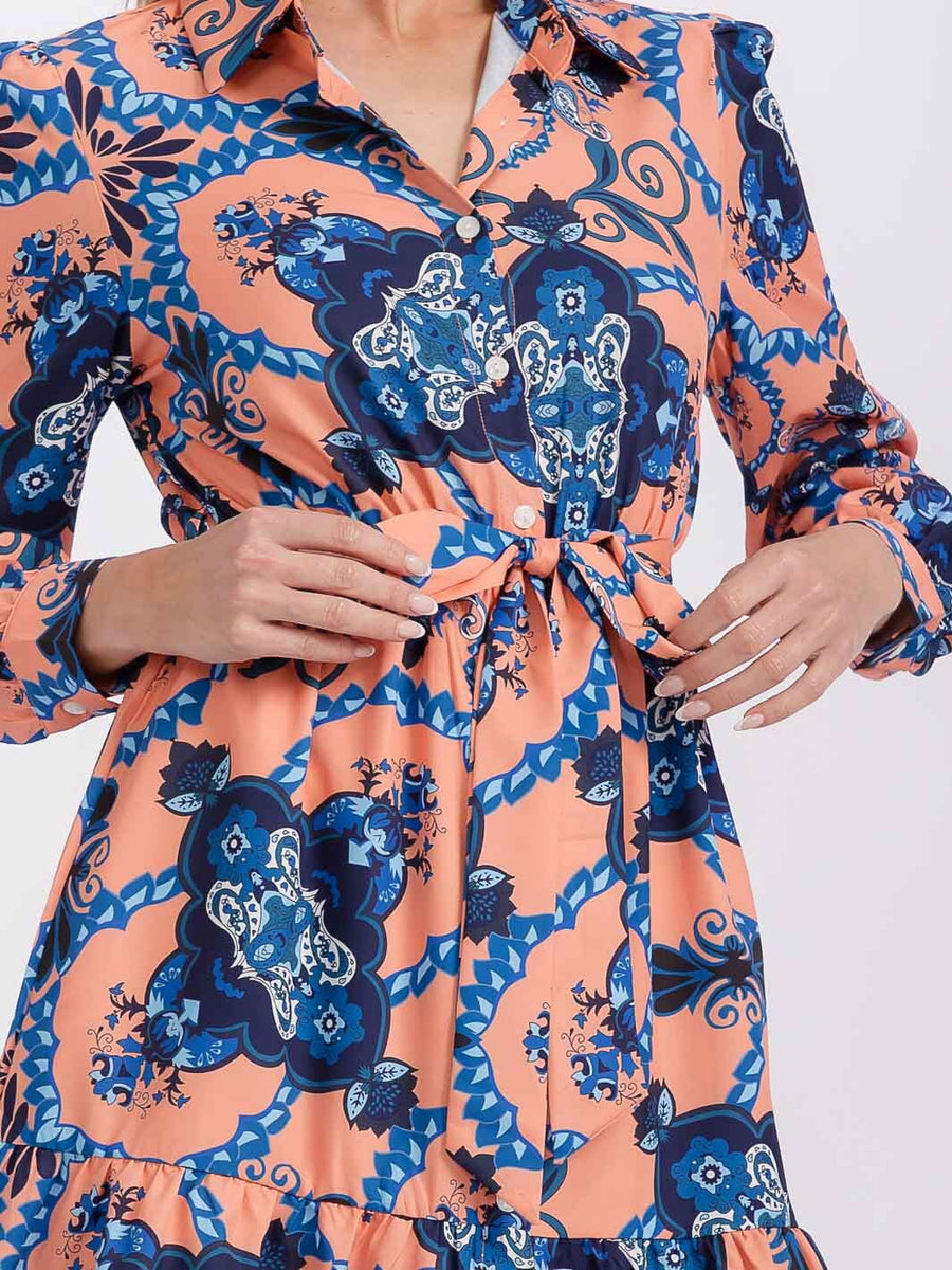 Vestido Midi Azul y Rosa con Cinturon