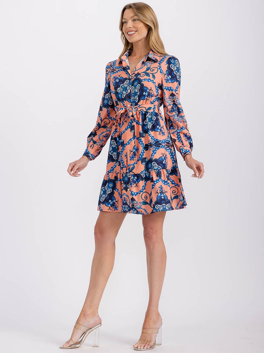 Vestido Midi Azul y Rosa con Cinturon