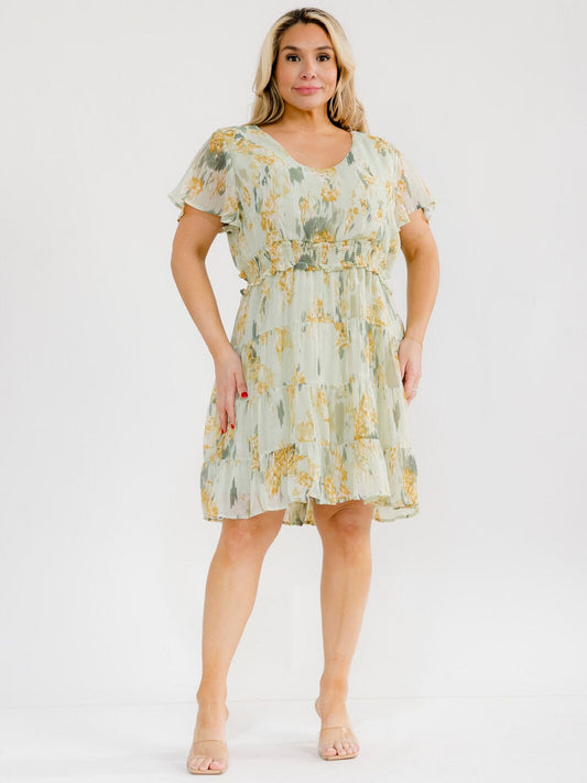 Vestido Plus corto verde floral con cintura elástica