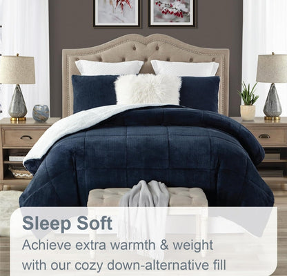 Swift Home Premium Ultra-Soft Faux Fur Sherpa Reversible Comforter and Sham Set - 3 Piezas, Azul, Queen