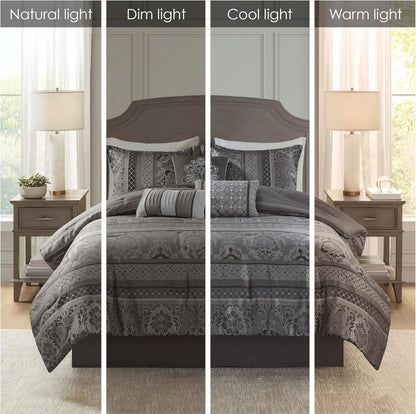 Madison Park Bellagio 7 Piece Comforter Set Damask Design Down Alternative Queen 90"x90" Gris