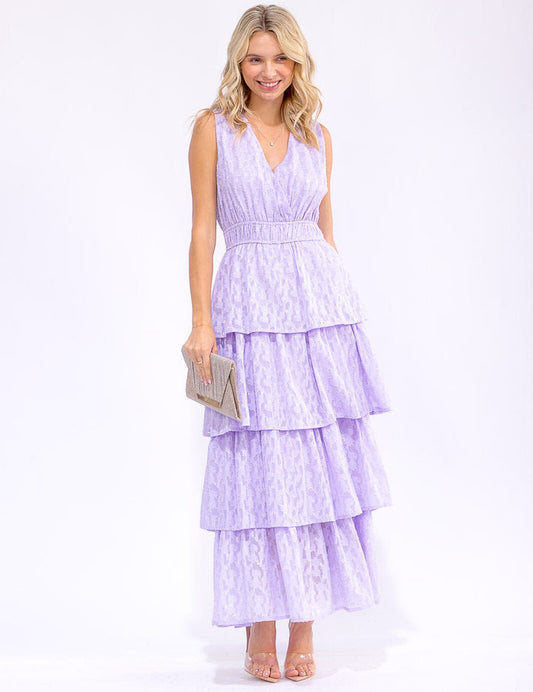 Vestido maxi morado con vuelos y cintura elástica