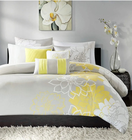 Madison Park Lola 100% Cotton Duvet Set Beautiful Floral Pattern, Ruffle Border Design, 6 piezas, Amarillo, Queen