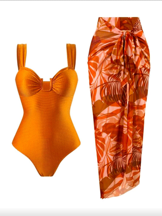 Traje de baño anaranjado de 1 pieza con salida de baño