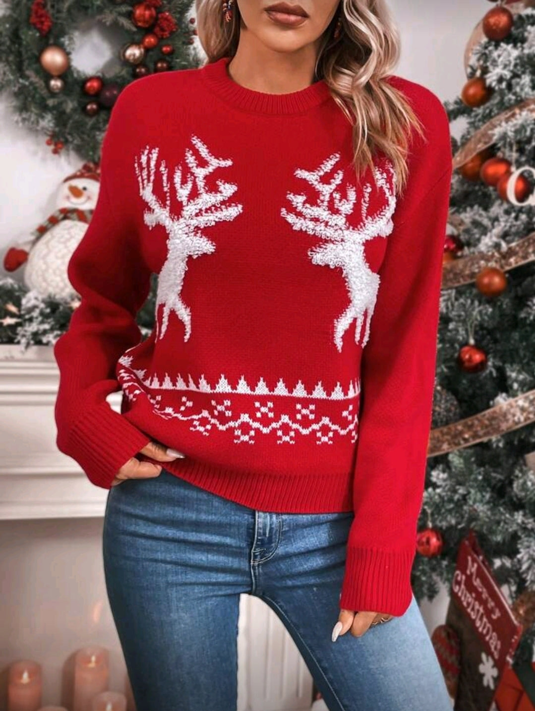 Suéter Navideño Rojo con Renos Blancos