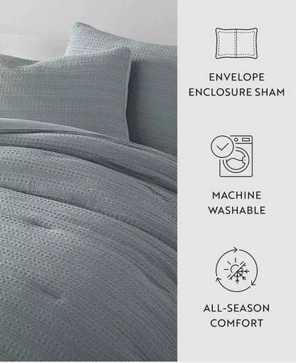 Ienjoy Home Blue Waffle Textured 3-Piece Comforter Set, Full/Queen, Azul