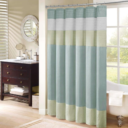 Madison Park Amherst Bathroom Shower Curtain Faux Silk Pieced Striped Modern Microfiber Bath Curtains, 72"x72", Verde, 1 Cortina de Baño