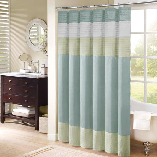 Madison Park Amherst Bathroom Shower Curtain Faux Silk Pieced Striped Modern Microfiber Bath Curtains, 72"x72", Verde, 1 Cortina de Baño