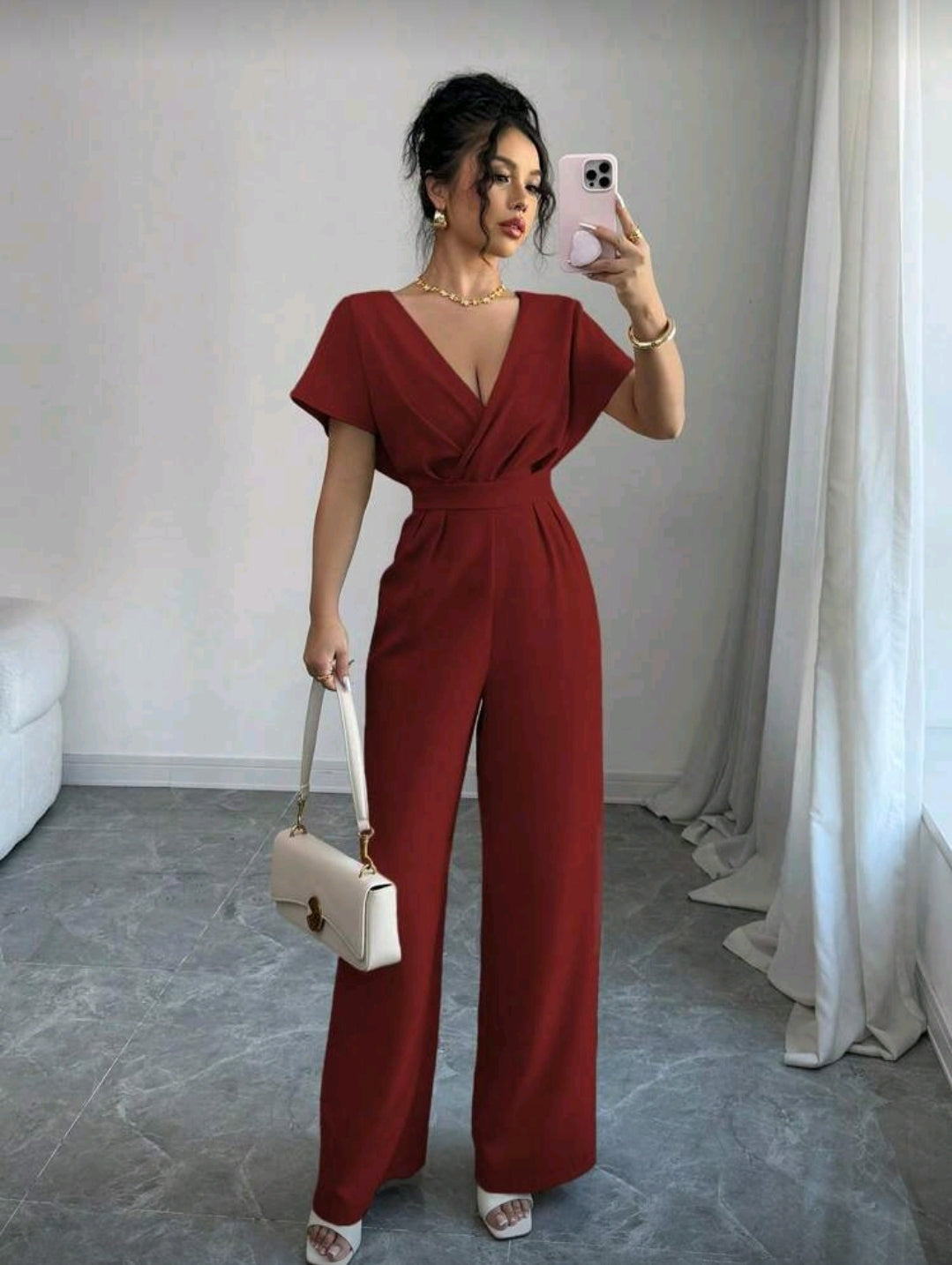 Jumpsuit Rojo con pliegues a la cintura