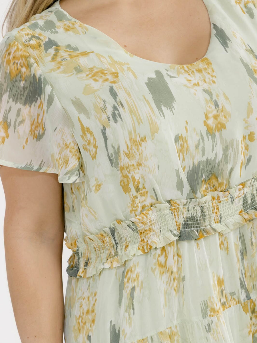 Vestido Plus corto verde floral con cintura elástica