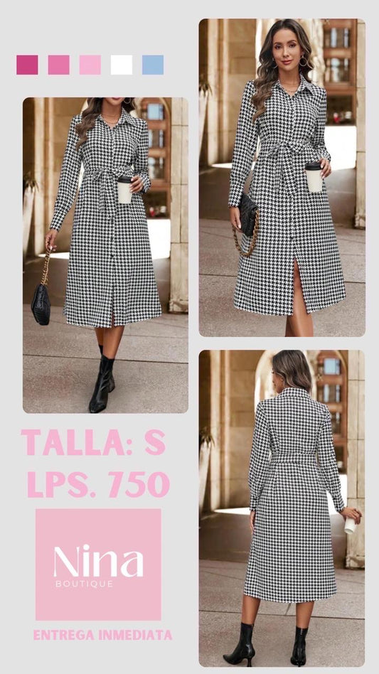 Vestido Blanco y Negro de botones y con tira ajustable en la cintura