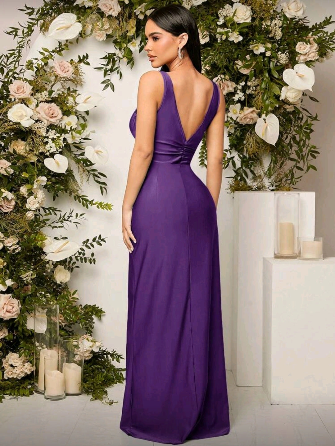Vestido morado largo con Pliegues en la Cintura