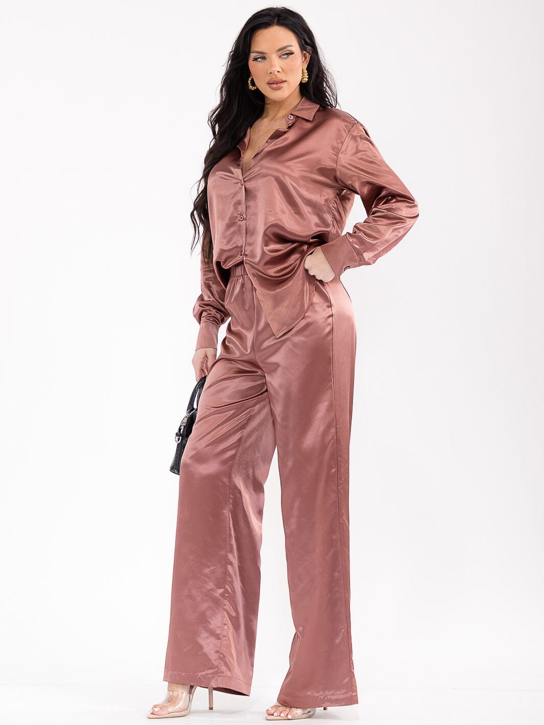 Set de 2 piezas satinado de blusa manga larga y pantalón con cintura elástica color café