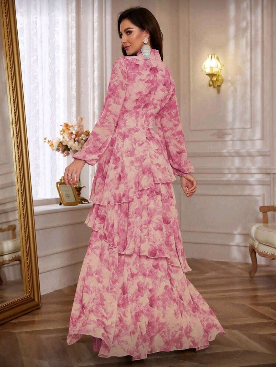 Vestido Maxi Rosado con Estampado Floral Elegante manga larga