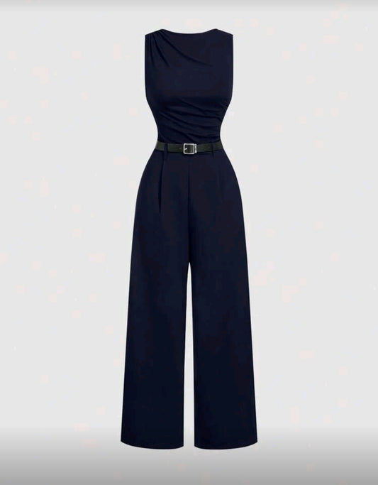 Jumpsuit azul de pierna ancha con pliegues
