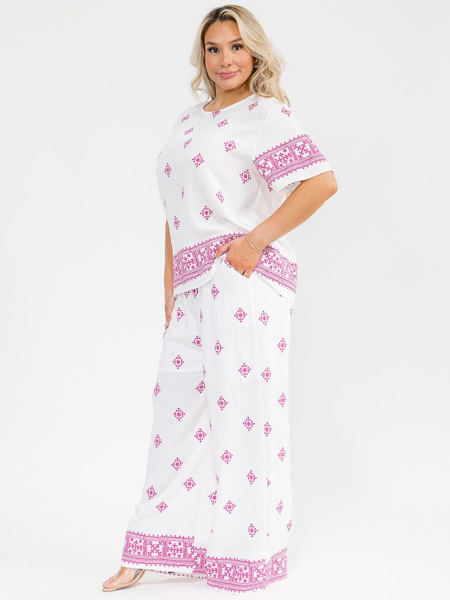 Conjunto Plus blanco y morado de blusa y pantalón con cintura elástica