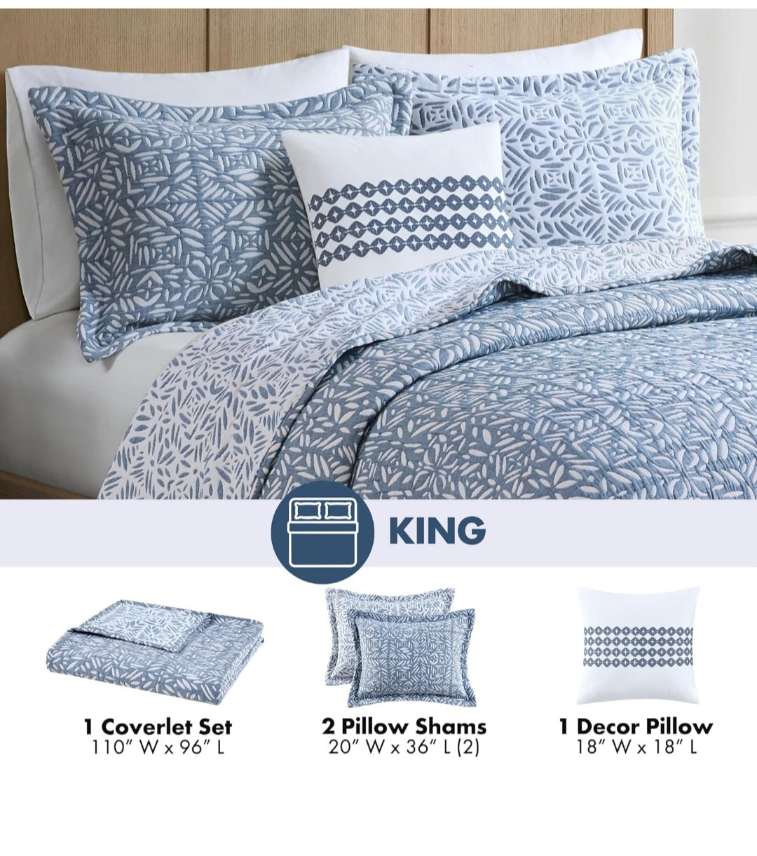 Madison Park Quilt Set Metelasse Reversible Coverlet Set Size, Soft Summer Quilt, All Season, King/Cal King, Azul, 4 Piezas