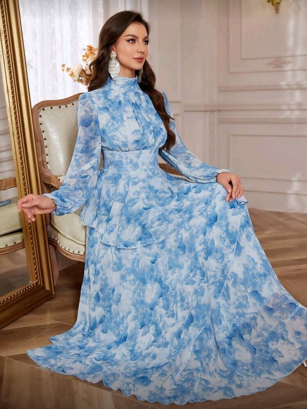 Vestido Maxi Azul con Estampado Floral Elegante manga larga