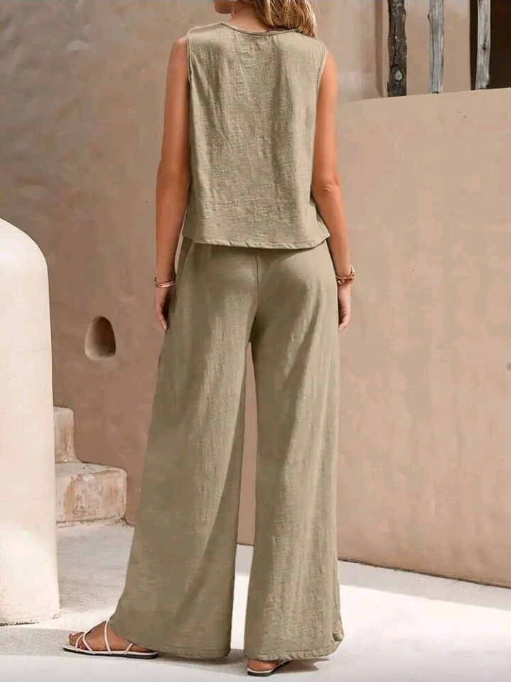 Conjunto verde trigo relajado de camisa sin mangas y pantalón pierna ancha