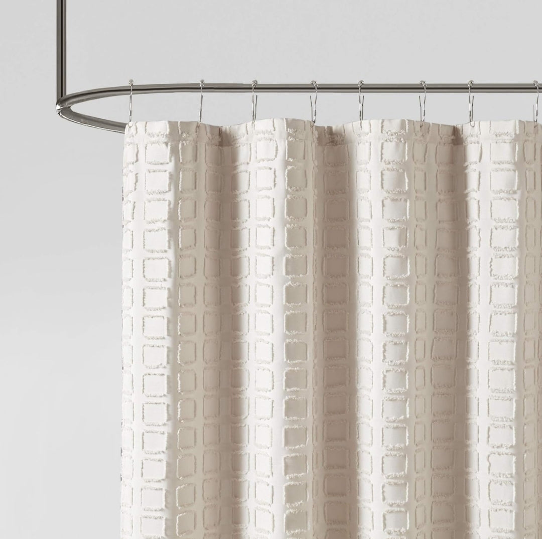 Madison Park Metro Bathroom Shower, Textured Woven Clipped Design Modern Mid-Century Privacy Bath Fabric Curtains, 72"x72" Sand (Color Arena), 1 Cortina de Baño