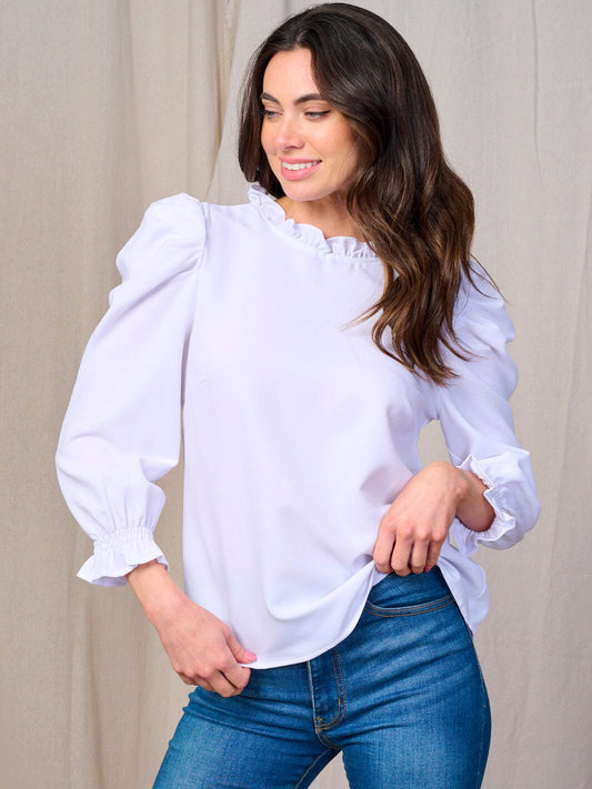 Blusa Blanca Manga Larga y Cuello con Volante