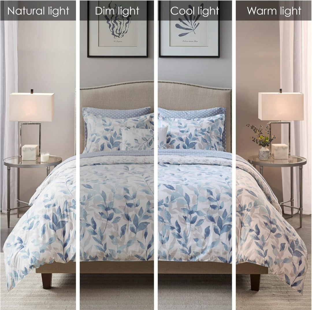 Madison Park Essentials Reversible Comforter Modern Botanical Print 104"x92", Azul, 8 Piezas, King