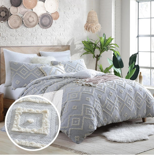 Swift Home Rukai 100% Cotton Washed Clip Jacquard Gauze 5-Piece Bedding Comforter Set, All Season & Breathable, Oeko-TEX Certified – Gris, 5 Piezas, Queen. Tono gris suave.