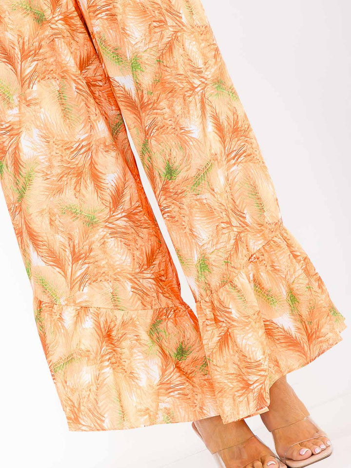 Conjunto anaranjado floral de 2 piezas para mujer: top corto smock sin mangas + pantalón de pierna ancha con cierre (zip).