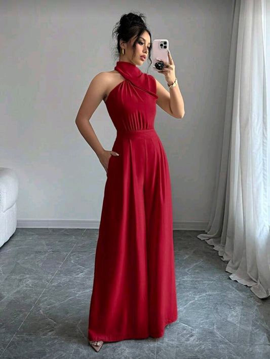 Jumpsuit Rojo de Cintura Ajustada y Pierna Ancha