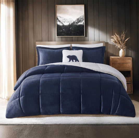 Woolrich Reversible Comforter Set Ultra Soft Plush to Sherpa, Down Alternative, Cold Weather Winter Warm Bedding, with Matching Sham, Decorative Pillow, Navy Blue/Ivory, 4 Piezas, Full/Queen