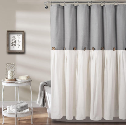 Lush Decor Linen Button Shower Curtain, 72" W x 72" L, Gray & Off White - Gray Shower Curtain Fabric - 1 cortina de baño, Blanco/Gris